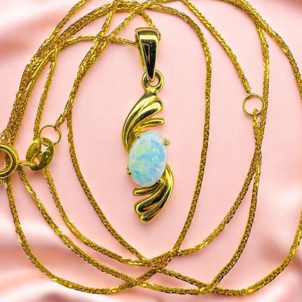 18K Yellow Gold -Natural Australian Opal Necklace -17"- White Boulder Opal -1.5g